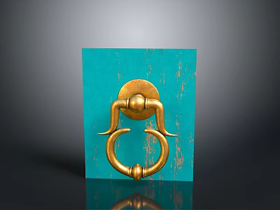 Decorative Gold Door Knocker On Turquoise Textured Background With Shiny Metallic Finish 3d model