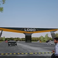 Modern Entrance Gate With LOGO Sign Awning Structure Cars Green Trees And Blue Sky