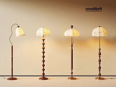 Elegant Vintage Floor Lamps With Wooden Poles And White Patterned Lampshades For Home Decor 3d model