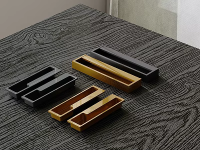 Stylish Modern Cabinet Handles In Black Gold Brown Metal On Wood Grain Tabletop 3d model