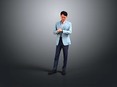 Man In Light Blue Blazer And Dark Pants Standing On Gray Background Using Hands 3d model