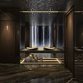 Hotel Bathroom Interior With Waterfall Backdrop Stone Landscape Dark Wooden Doors And Marble Flooring