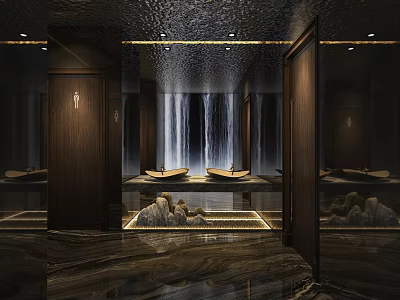 Hotel Bathroom Interior With Waterfall Backdrop Stone Landscape Dark Wooden Doors And Marble Flooring 3d model