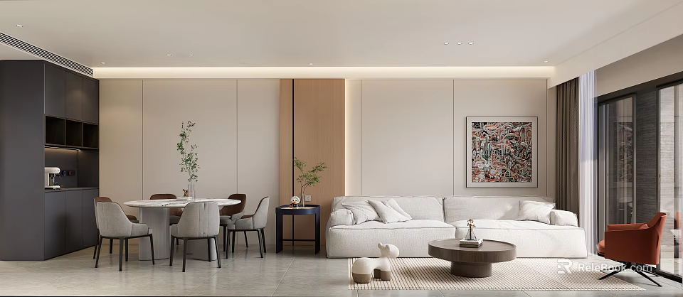 Modern Living and Dining Room Interior With Sofa Dining Table Plants And Artwork 3d model