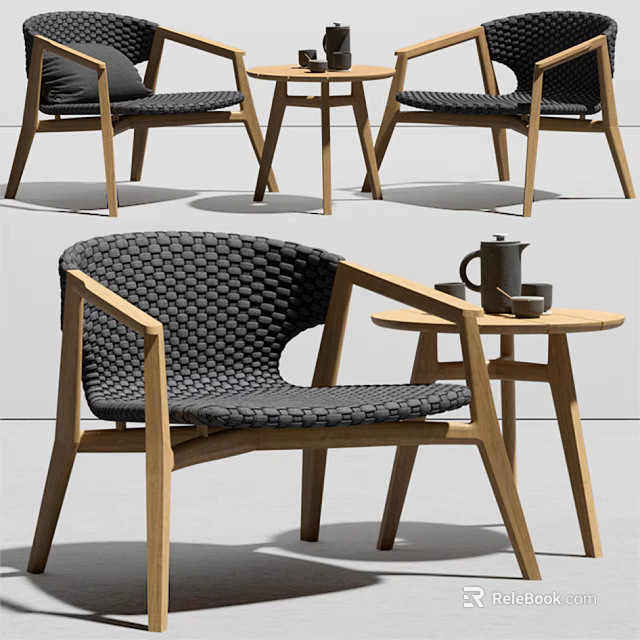 Modern Woven Armchair With Wooden Frame And Side Table For Living Room 3d model 