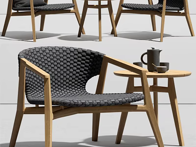 Modern Woven Armchair With Wooden Frame And Side Table For Living Room 3d model
