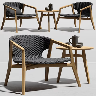 Modern Woven Armchair With Wooden Frame And Side Table For Living Room 3d model