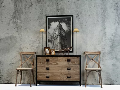 Rustic Wooden Sideboard In Dining Space With Two Chairs Table Lamps And Wall Art 3d model