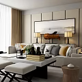 Modern Living Room Sofa and Coffee Table Set With Decorative Pillows Lamps and Wall Art