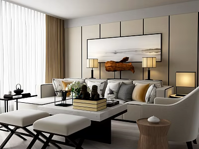 Modern Living Room Sofa and Coffee Table Set With Decorative Pillows Lamps and Wall Art 3d model