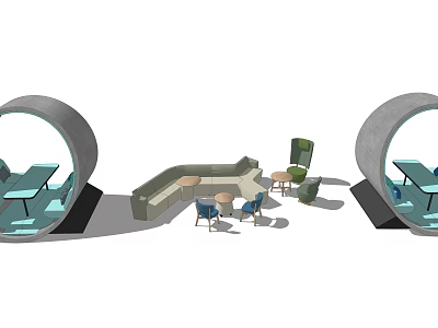 Modern Stylish Public Chairs In Outdoor Seating Area With Tables And Benches 3d model
