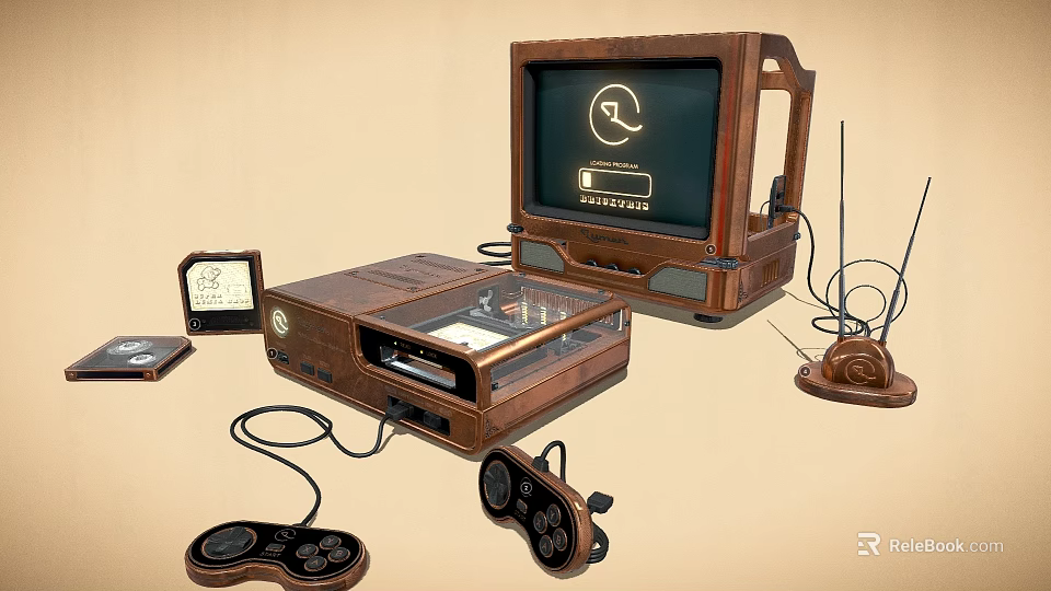 Vintage Wooden Daily Electrical Appliances Set With Monitor Console Controllers And Accessories 3d model 