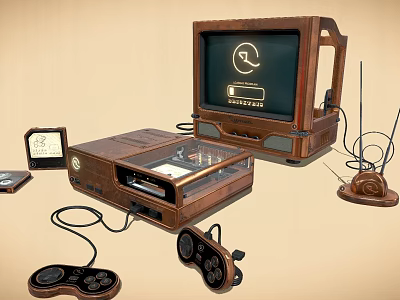Vintage Wooden Daily Electrical Appliances Set With Monitor Console Controllers And Accessories 3d model