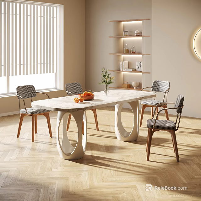 Modern Dining Table Set with Marble Top Unique Base Four Chairs Natural Light and Shelves 3d model 