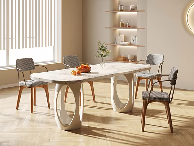 Modern Dining Table Set with Marble Top Unique Base Four Chairs Natural Light and Shelves 3d model