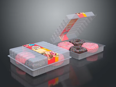 Transparent Plastic Donut Containers With Pink Chocolate Sprinkles Open Lid 3d model