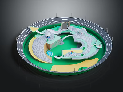 Cartoon Scenario With Circular Layout Roads Green Spaces Small Buildings And Paths 3d model