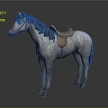 Gray and white horse with black mane and brown leather saddle standing 3d model