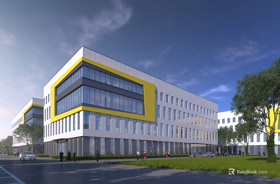 Modern Office Building Exterior Design With Yellow Accents Glass Windows And Green Lawns 3d model 