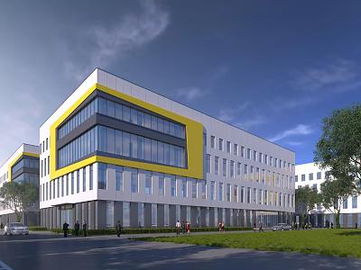 Modern Office Building Exterior Design With Yellow Accents Glass Windows And Green Lawns 3d model
