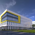 Modern Office Building Exterior Design With Yellow Accents Glass Windows And Green Lawns