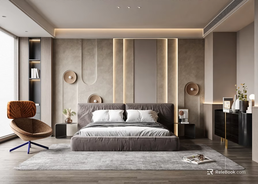 Modern Bedroom Interior Design With Plush Bed Accent Chair Decorative Lamps And Soft Rug 3d model 