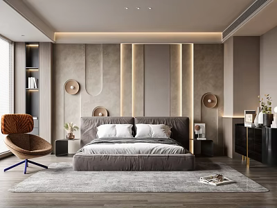 Modern Bedroom Interior Design With Plush Bed Accent Chair Decorative Lamps And Soft Rug 3d model