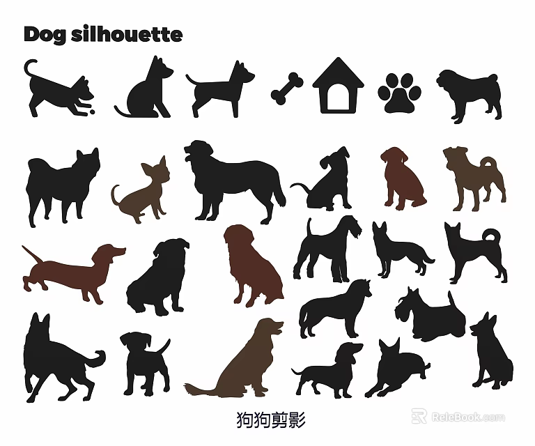 Various Dog Breeds Silhouette Wall Decor With Paw Prints And Dog House Design 3d model 