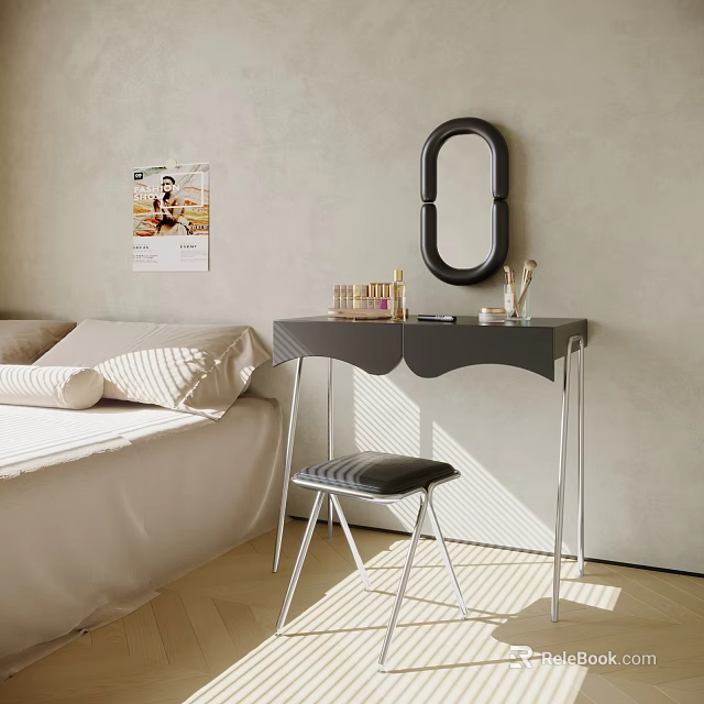 Modern Bedroom Dressing Table With Black Mirror Cosmetics Comb And Stool 3d model