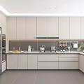 Modern Kitchen Interior With Light Gray Cabinets Stainless Steel Refrigerator And Countertop Appliances