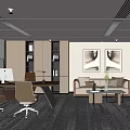 Modern Office Interior Design With Work Desk Chairs Bookshelves Sofa And Paintings