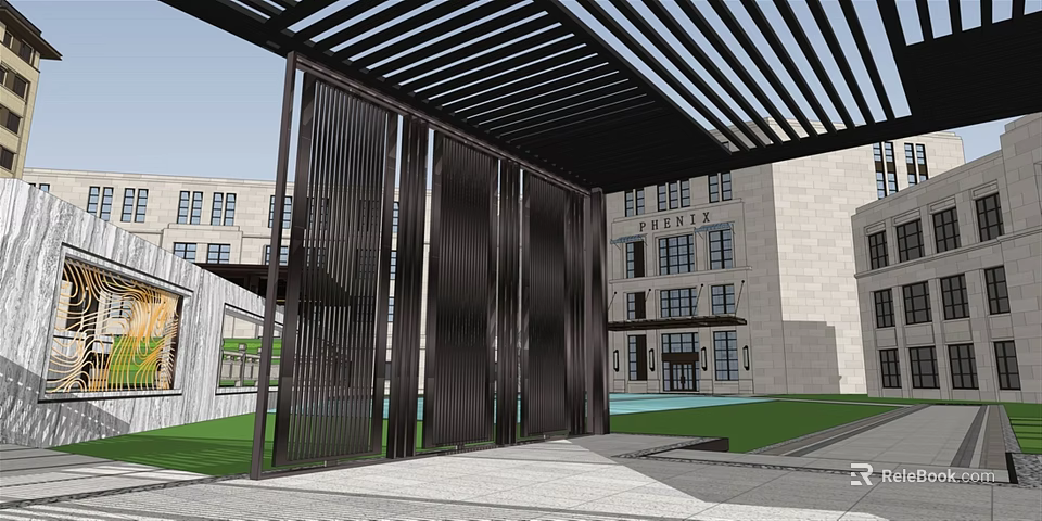 Modern Commercial Street With Metal Pergola Greenery Water Feature And Walkway 3d model 