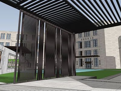 Modern Commercial Street With Metal Pergola Greenery Water Feature And Walkway 3d model