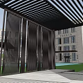 Modern Commercial Street With Metal Pergola Greenery Water Feature And Walkway