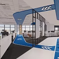 Modern Public Office Space With Open Layout Glass Partitions Blue Accents And Workstations