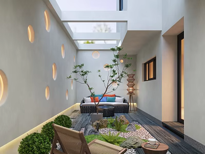 Courtyard Garden Interior Design With White Walls Circular Cutouts Skylight Sofa And Green Plants 3d model