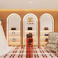 Elegant Bridal Shop With White Wedding Dress Display Shelves And Arched Orange Walls