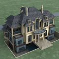 Two Story European Style Detached Villa With Beige Exterior Large Windows And Balcony