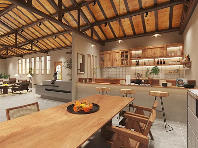 Open Interior Space With Wooden Ceiling Dining Table Fruit Bowl Kitchen Cabinets And Bar Stools 3d model