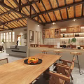 Open Interior Space With Wooden Ceiling Dining Table Fruit Bowl Kitchen Cabinets And Bar Stools 3d model