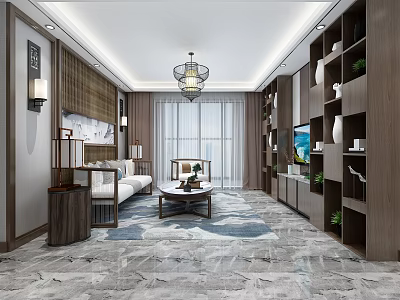 Modern Chinese Style Living And Dining Room With Sofa Coffee Table TV Cabinet And Chandelier 3d model