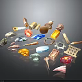 Colorful 3D Scene Components With Various Shaped Gears Gems Keys And Tools
