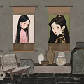 Oriental Decorative Ornaments Combination With Traditional Paintings Vases And Stone Decor