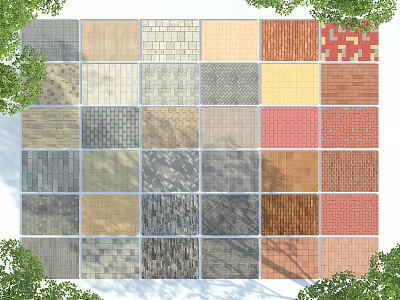 Garden Decorative Paving With Various Colored Textured Materials And Green Plants 3d model