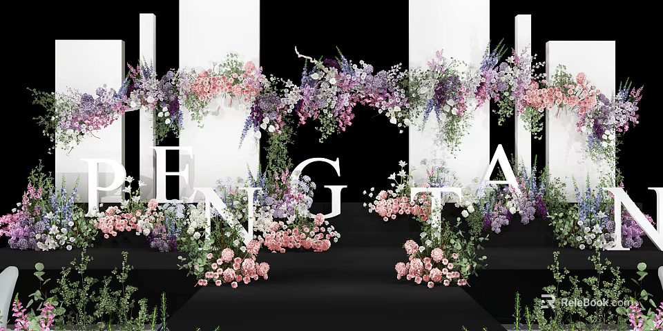 Elegant Engagement Stage With Lush Purple Pink Hanging Floral Arrangements And White Pillars 3d model 