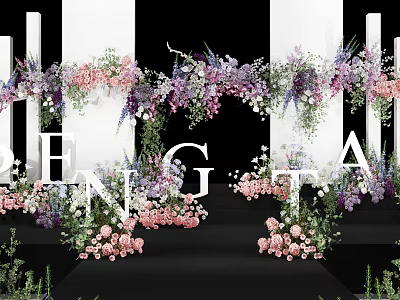 Elegant Engagement Stage With Lush Purple Pink Hanging Floral Arrangements And White Pillars 3d model