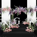 Elegant Engagement Stage With Lush Purple Pink Hanging Floral Arrangements And White Pillars