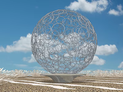 Metal Spherical Garden Ornament Sculpture with Circular Rings on Pedestal Against Blue Sky White Clouds 3d model