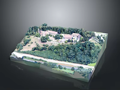 Architectural Building Model with Complex Structures Surrounded by Lush Trees and Greenery 3d model