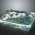 Architectural Building Model with Complex Structures Surrounded by Lush Trees and Greenery